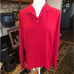 LAURA SCOTT SIZE 14 RED PIN STRIPED FITTED LONG SLEEVE SHIRT PROFESSIONAL LOOK